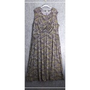 Chaus Maxi Dress Women 3X Navy Yellow Abstract Dot Faux Wrap Knot Front Stretch